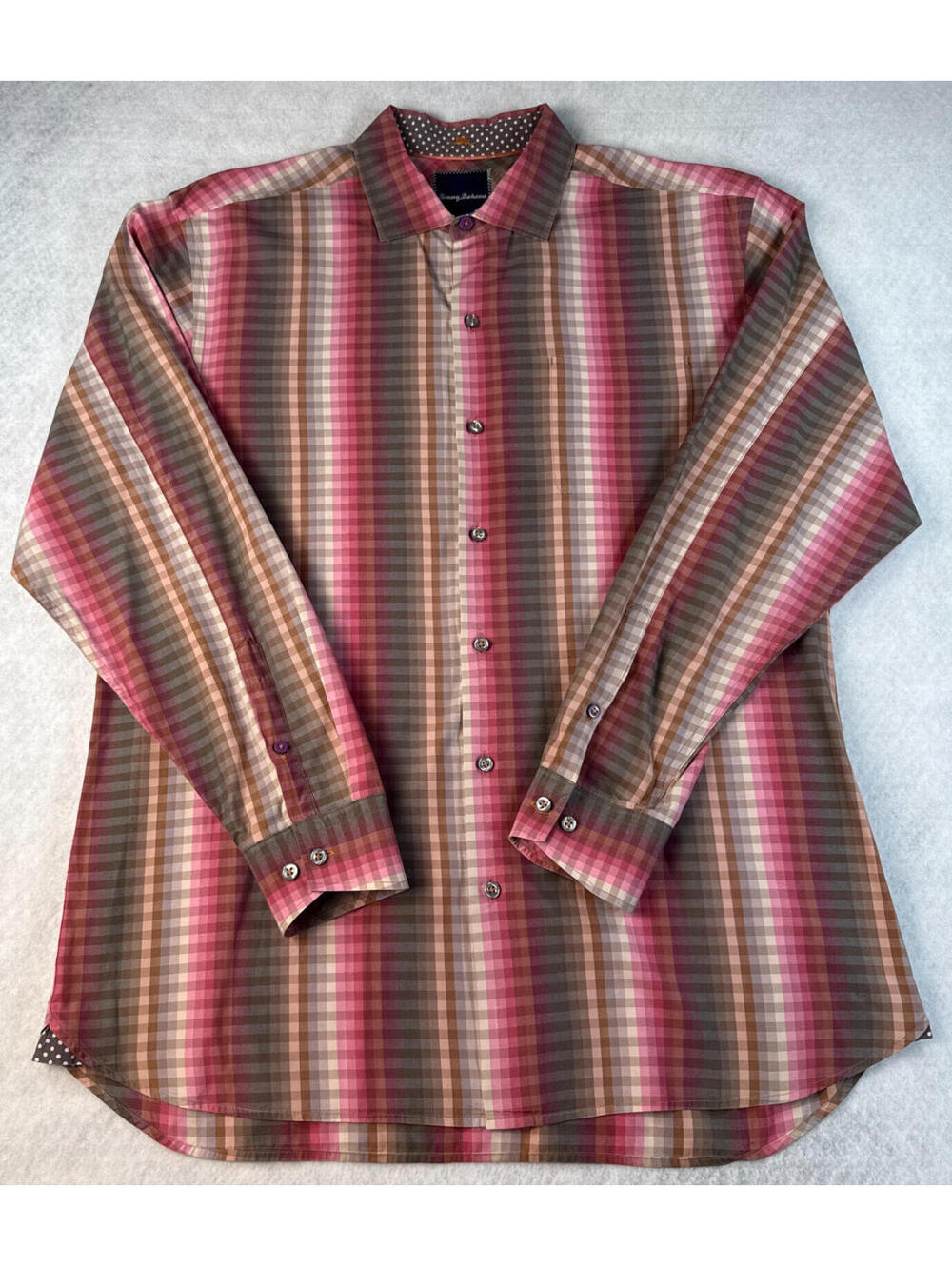 Tommy Bahama Mens Large Pink Brown Plaid Button Up Long Sleeve Shirt